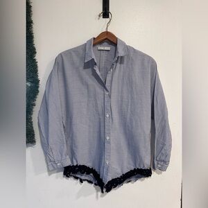 WHYCI Milano Women’s Blue White Striped Button Front Blouse Crochet Hem Size 8